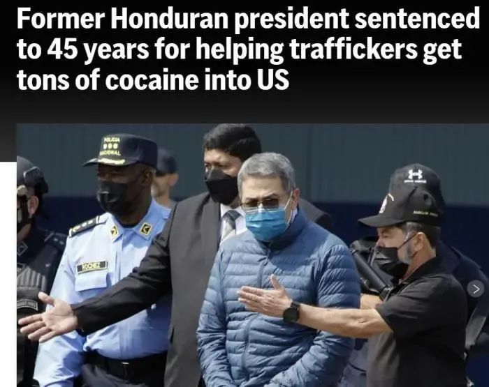 » 8. 贩毒罪成立 洪都拉斯前总统在美国被判45年监禁据美联社报道，当地时间26日，美国纽约一家法院以共谋向美国走私毒品等罪名，判处中美洲国家洪都拉斯前总统埃尔南德斯45年监禁，并处以800万美元罚金