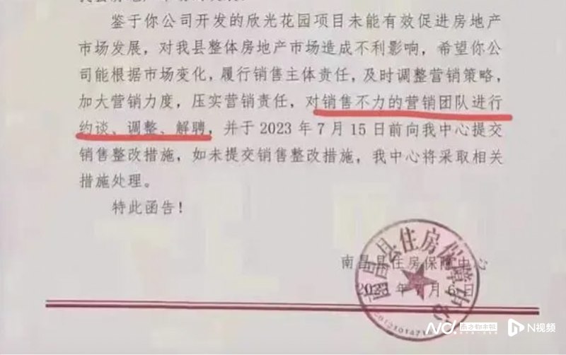 » 9. 南昌县住房保障中心要求房企解聘销售不力团队近日，一张江西“南昌县住房保障中心关于欣光花园项目营销工作的函”图片受到舆论关注