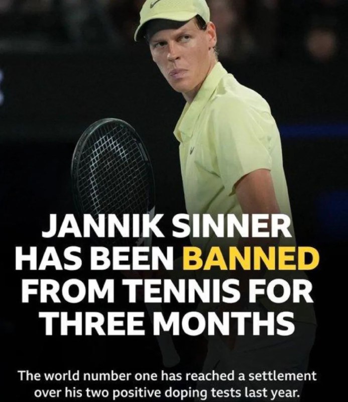 » 12、 药检阳性 网球世界第一辛纳禁赛3个月据世界反兴奋剂机构（WADA）发布公告，目前男子网球世界第一辛纳被禁赛3个月