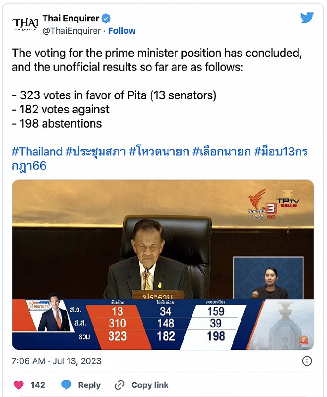 » 7、泰国军方拒绝皮塔出任总理本周四，由于未能获得由军方把持的下议院支持，43岁的远进党候选人皮塔没有获得足够的选票成为泰国第30任总理