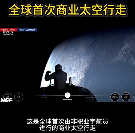 » 4. 美国非职业宇航员开始全球首次商业太空行走美国东部时间12日6时多，美国“北极星黎明”航天任务的两名机组成员开始进行轮流出舱活动，这是全球首次由非职业宇航员进行的商业太空行走