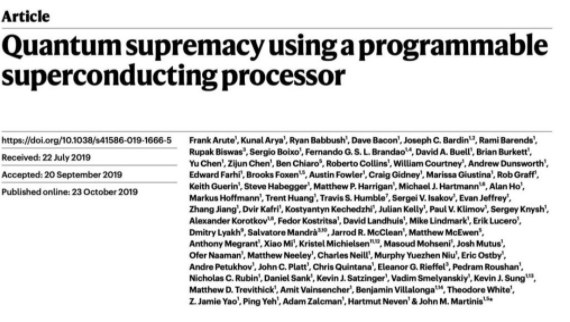 » 6. 量子霸权里程碑 谷歌量子计算机6秒内完成47年计算，超越世界第一超算近日，谷歌宣称，他们的量子计算机在短短6秒，完成世界最先进计算机47年的计算量