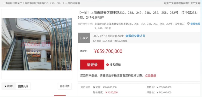 » 1 、 泰禾集团上海总部拍卖，静安区恒丰路写字楼每平方米3.6万闽系开发商泰禾集团位于上海的总部以6.597亿元的价格被上海本地一家企业拍下