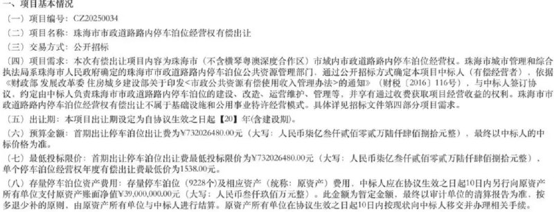 » 2、7.3亿 珠海卖全市20年停车权“出让珠海市（不含横琴粤澳深度合作区）市域内市政道路路内停车泊位经营权，出让期为20年，首期出让停车泊位共23798个（包括存量停车泊位和新增停车泊位）、未来新增停车泊位，停车泊位出让费为732026480.00元，单个停车泊位经营权年度有偿出让费最低价为1538.00元，最终以中标人的中标价格为准