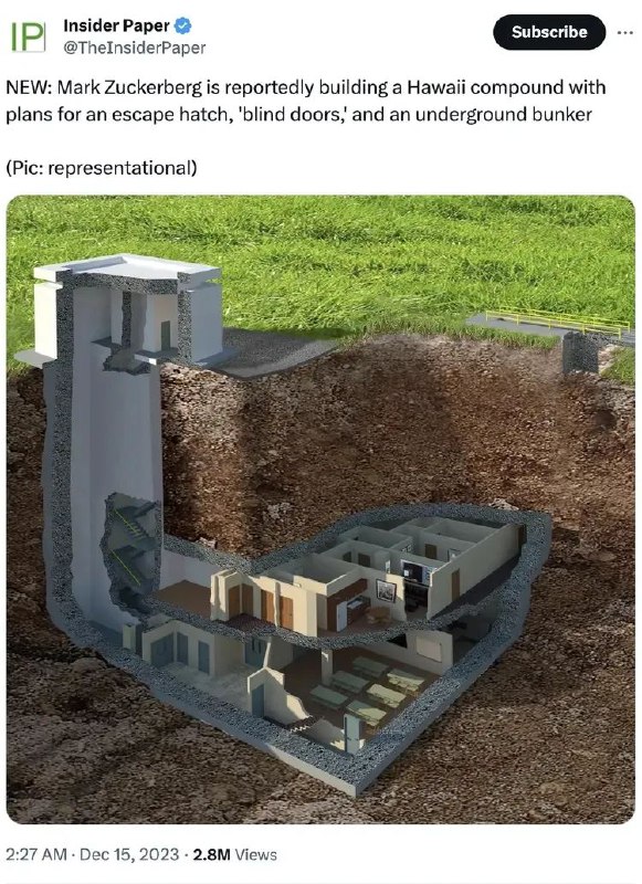 » 17. 2.7亿美元 扎克伯格在夏威夷建造“末日地堡”在夏威夷最北端的考爱岛上，美国科技界亿万富翁马克·扎克伯格正在建造一处占地超过560万平方米的庄园，包含5000平方英尺（约合465平方米）的地下避难所