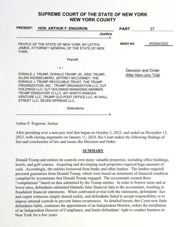 » 7、财务欺诈 纽约州法院判特朗普支付3.55亿美元罚款当地时间2月16日，纽约州法院对特朗普财务欺诈案作出宣判，特朗普被判3.55亿美元罚款，同时被禁止在纽约州做生意三年