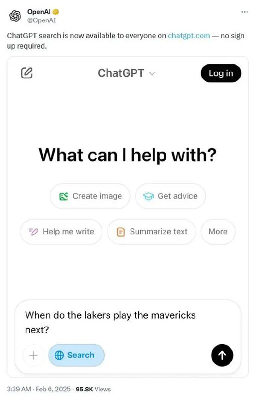 » 4. OpenAI宣布：开放ChatGPT搜索功能，无需注册北京时间2月6日凌晨，OpenAI宣布向所有用户开放ChatGPT搜索功能，无需注册