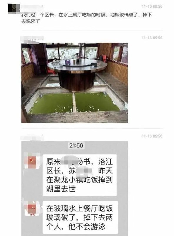 » 7、泉州市洛江区区长水上餐厅就餐时落水身亡11月13日，一张“泉州市洛江区长苏某某在水上餐厅就餐时落水身亡”的聊天记录截图在网上流传