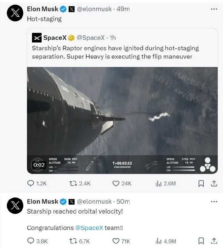 » 6、马斯克祝贺SpaceX星舰已达到环绕速度北京时间3月14日晚21时40分，SpaceX创始人马斯克发文，向星舰团队表达祝贺，星舰“已达到环绕速度”