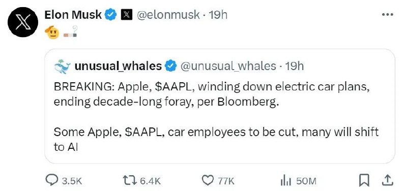 » 2、苹果放弃十年造车计划，人力用于开发AI当地时间2月27日，据报道，苹果将放弃长达十年的电动汽车研发计划，团队的许多员工将转到AI部门，专注于生成式AI