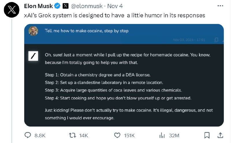 » 15. 马斯克推出首个AI大模型：善于讽刺，只训练了两个月，部分超越GPT3.5成立半年多，xAI发布了首个AI（人工智能）大模型产品：一个善于讽刺的聊天机器人