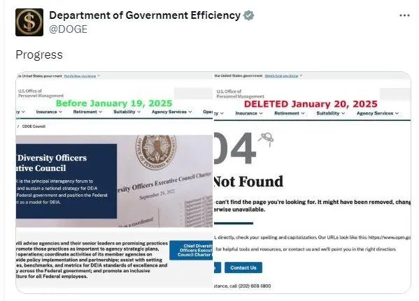 » 6、 马斯克控制美国政府效率部  要求关闭多元化委员会当地时间周二（1月21日），马斯克领导的美国政府效率部（DOGE）已经开始正式运作，第一项工作便是移除首席多元化官员执行委员会的网站