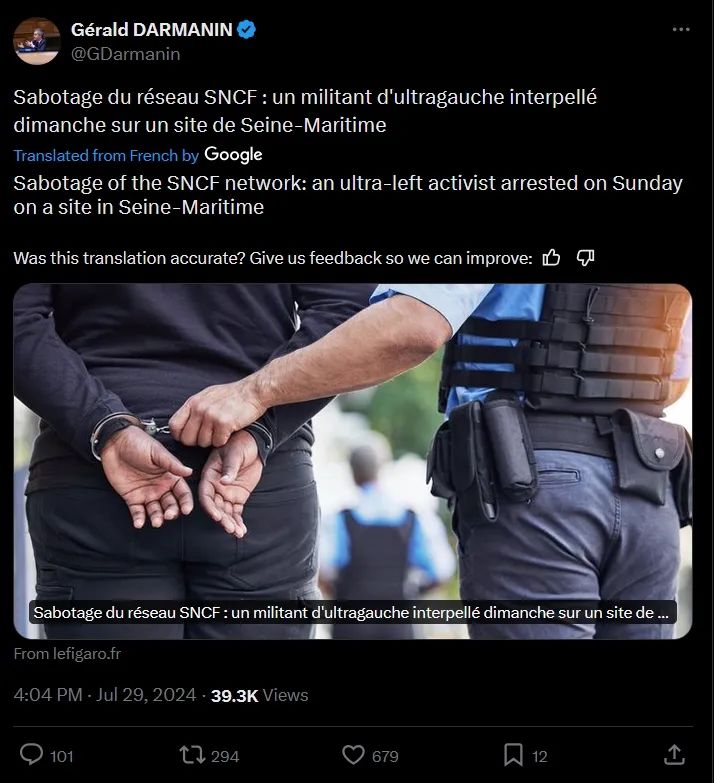 » 7. 法国称 破坏奥运基础设施团队为“极左分子”7月29日，法新社援引警方消息人士的话称，一名“极左翼活动分子”28日在法国国家铁路公司位于该国北部的一处站点被捕，此人被怀疑与上周五（26日）巴黎奥运会开幕式前夕法国高铁系统遭破坏一事有关