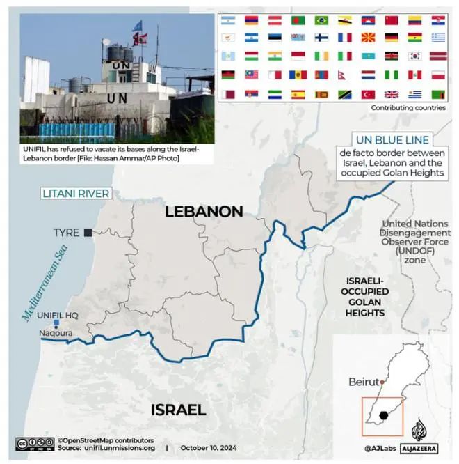 » 7. 以色列对联合国部队哨所开火  驱赶驻军以军10月10日袭击了黎巴嫩南部3处联合国驻黎巴嫩临时部队（联黎部队）阵地