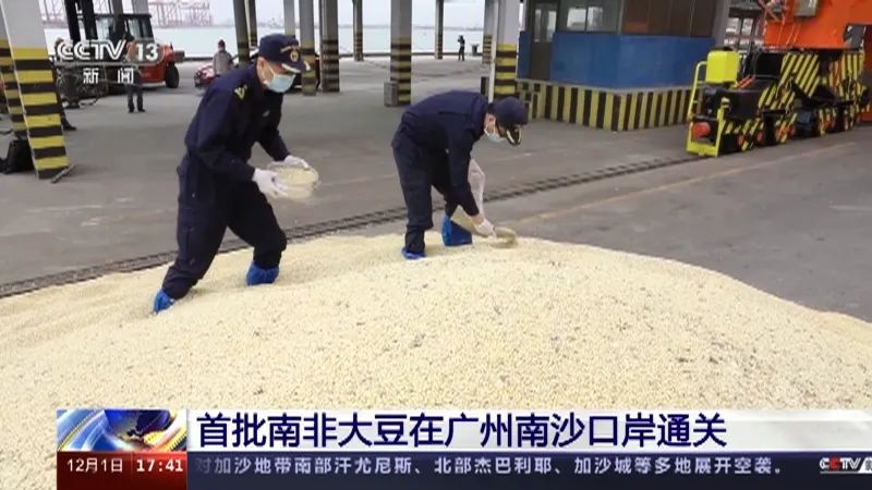 » 18. 全国首批进口南非大豆在广州南沙口岸通关广州海关消息，今天（12月1日），经广州海关监管验放，3.93万吨进口南非大豆在广州南沙口岸通关
