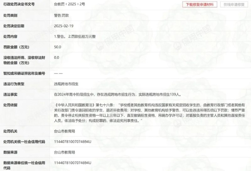 » 7、 违规跨地市招高中生，广东台山碧桂园学校被罚款50万元信用中国网站信息显示，因违规跨市招生，广东江门市台山碧桂园学校被台山市教育局警告，并罚款50万元